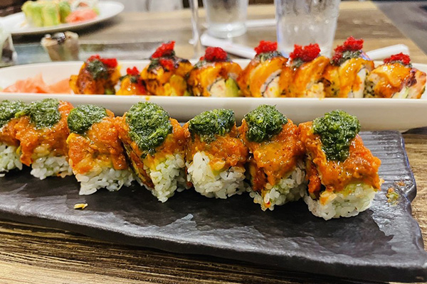 Savor the creativity of sushi rolls like the James Bond Roll at Fukulala Sushi.